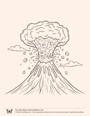 Coloring book page of a volcano erupting rocks