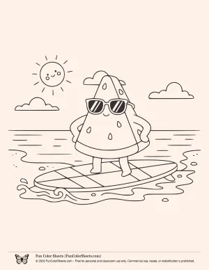 Watermelon Surfing Coloring Page