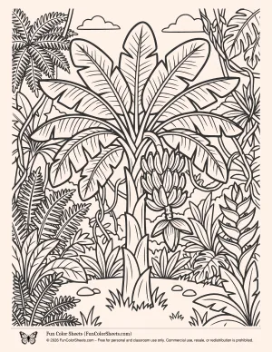 Banana Tree in a Jungle Coloring Page