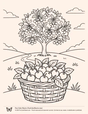 Cherry Tree and Harvest Coloring Page