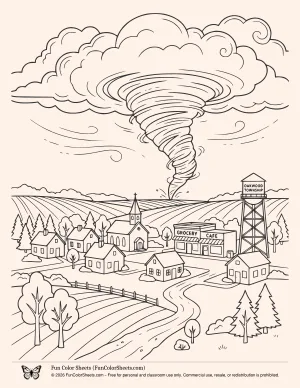 Country Town Tornado Picture to Color