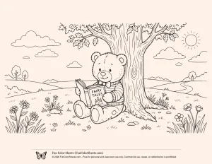 Coloring book page of a cute teddy bear reading under a tree