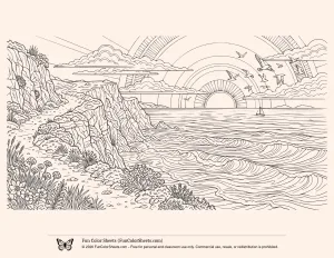 Detailed Sunset Landscape Coloring Page