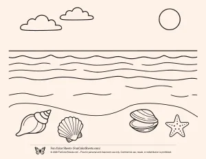 Easy Shell Beach Scene Coloring Sheet