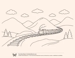 Easy Train Mountain Scene Coloring Page
