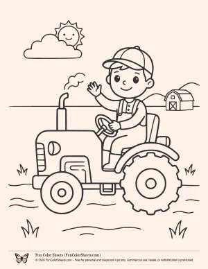 Free coloring book page of a farmer driving a tractor