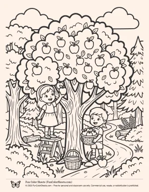 Coloring page of kids picking apples from a tree