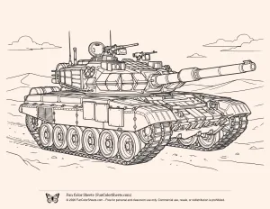 Coloring book page of a tank in the desert