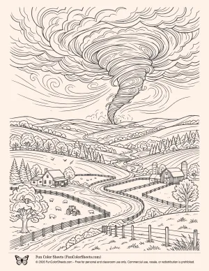 Realistic Tornado Farm Scene Coloring Sheet