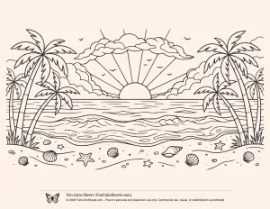Sea Shells, Palm Trees and Sunset Coloring Page