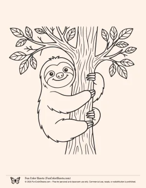 Coloring Page of a Sloth Climbing a Tree