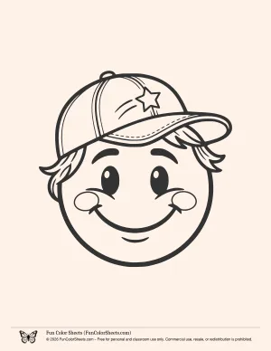 Coloring Sheet of a Smiley Face Wearing a Cap