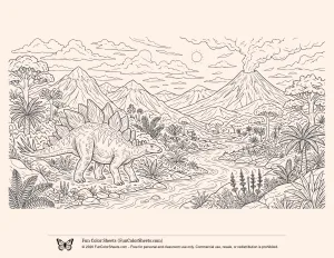 Coloring Sheet of a Stegosaurus and Volcano Landscape
