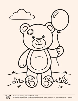 Coloring page of a teddy bear with a balloon