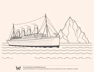 Coloring page of the titanic ship next to an ice berg