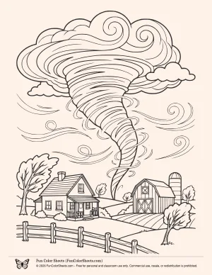 Coloring Page of a Tornado Farm House Scene