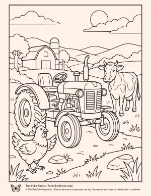 Tractor and Farm Animals Coloring Page