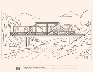 Coloring page of a Train Crossing a River