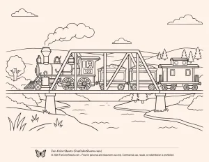 Coloring page of a train crossing a bridge