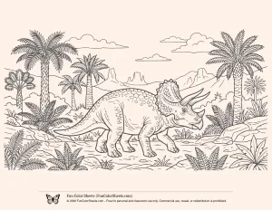 Free coloring page of a Triceratops Prehistoric Scene