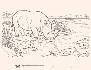 Coloring Page of Rhino Drinking from a Stream