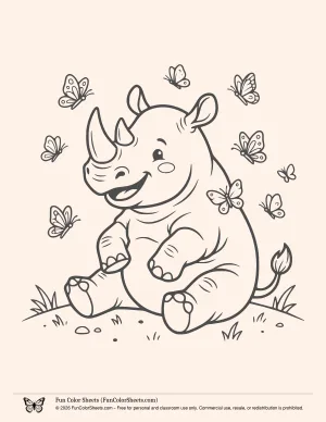Cute Rhino and Butterflies Coloring Sheet