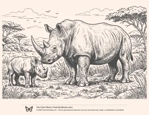 Realistic Rhino Mother and Calf Coloring Sheet