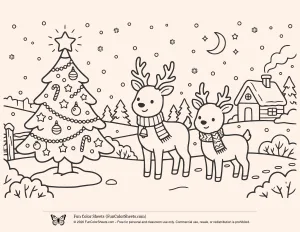 Reindeer Coloring Pages: Easy Christmas Reindeer Scene Coloring Sheet