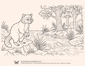 Raccoon Near a Stream Coloring Sheet