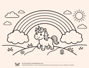 Rainbow and Unicorn Coloring Page with a Baby Unicorn