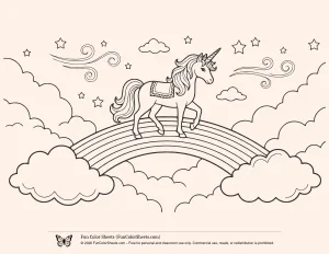 Coloring Page of a Unicorn Crossing a Rainbow