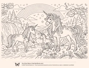 Unicorn Family and Rainbow Coloring Page