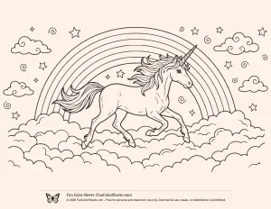 Unicorn on a Cloud with Rainbow Coloring Page