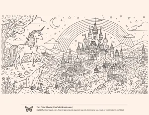 Rainbow Unicorn Castle Coloring Page