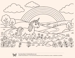 Coloring Page of a Unicorn and Rainbow in a Field